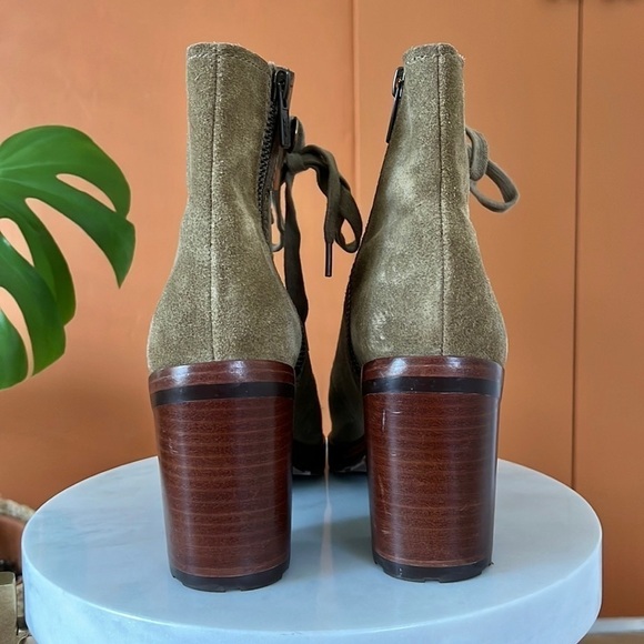 Frye Danica Peep Toe Suede Heeled Boots Size 6 Green Lace Up Boho Western NEW - Picture 6 of 12